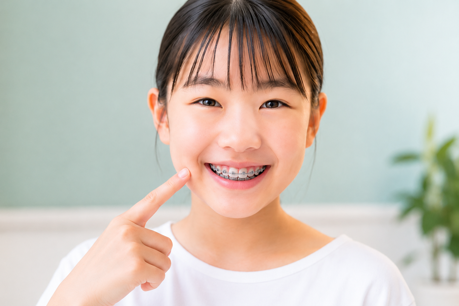 矯正装置をつけて笑うお子さま