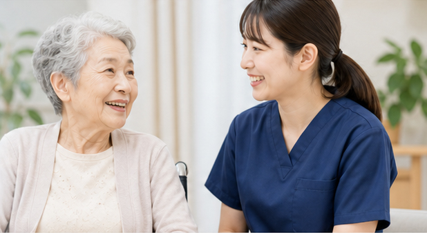 訪問スタッフと笑顔で話す患者さま